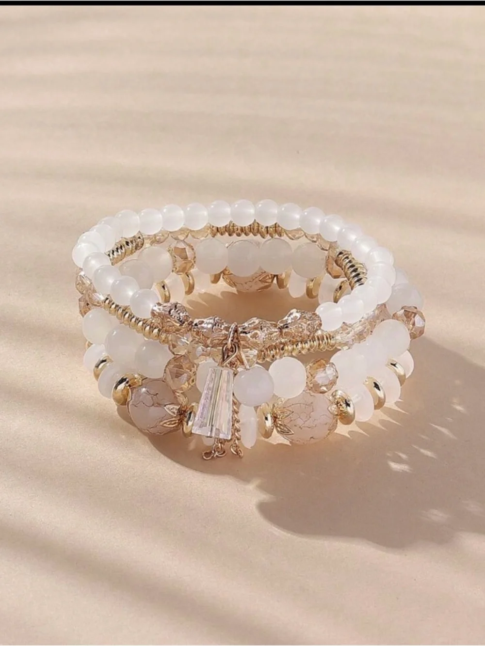 Multi-Strand White and Gold Beaded Bracelet Stack